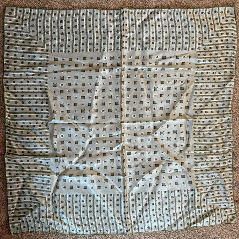 Vintage Pure Silk Hand Rolled Scarf Made in Japan Green Cream 17x17